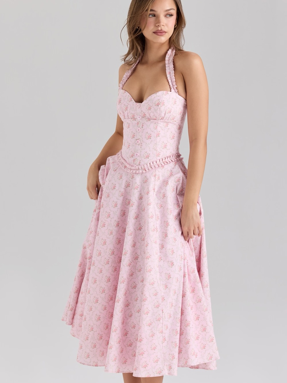House of CB Pink Floral Halter Midi Dress